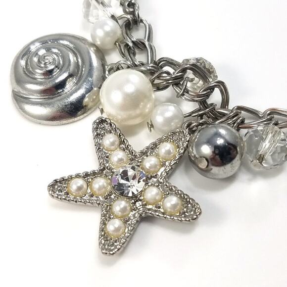 Starfish Ocean Sea Life Rhinestone Faux Pearl Charm Bracelet, 8 1/2 Inches - Picture 2 of 7